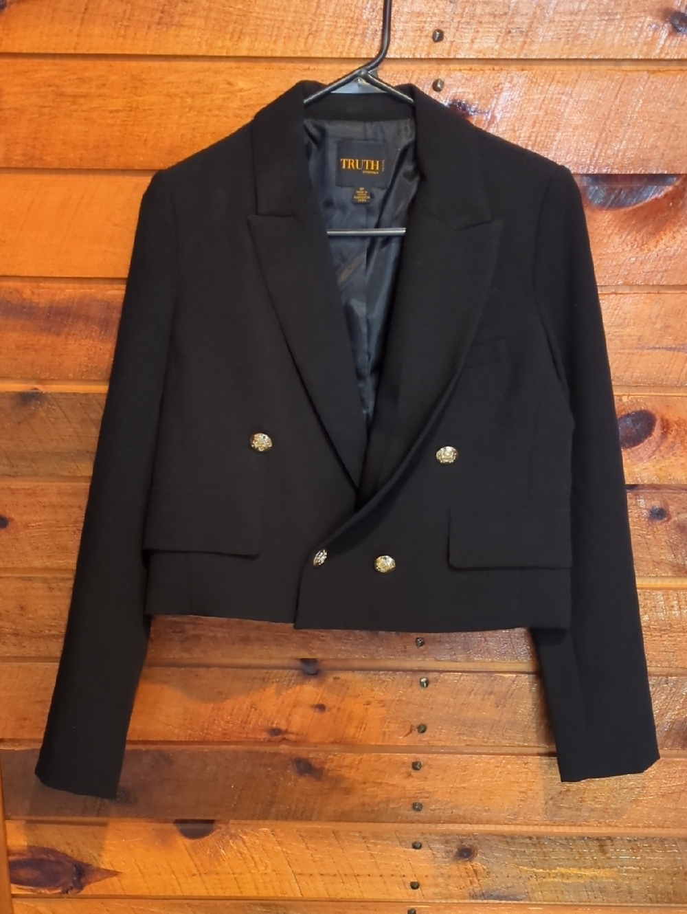 Truth Cropped Black Double-Breasted Blazer with Gold Buttons
